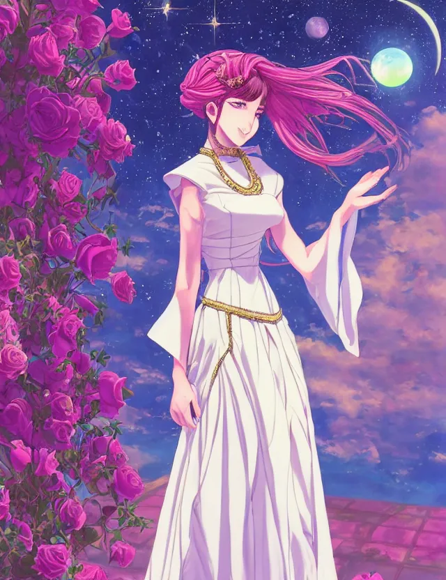 Prompt: middle eastern scifi princess at the rose garden, wearing a lovely dress with vaporwave details. this oil painting by the award - winning mangaka has an interesting color scheme and impeccable lighting.