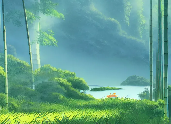 Image similar to misty japanese bamboo forest, lake, large mountain, waterfall!!!!!, sunny, cartoony, stylized anime, sun rays, soft, moody lighting, by hayao miyazaki, ghibli studio, makoto shinkai, toei animation, studio trigger, trending on artstation, 4 k, hd