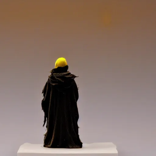 Prompt: An eerie figure wearing frayed yellow hooded robes. Detailed. Black Solar Eclipse in background. Dark Tone