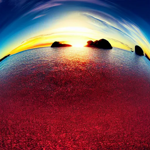 Prompt: solaris type planet HDRI scene rocky beach trippy red ocean