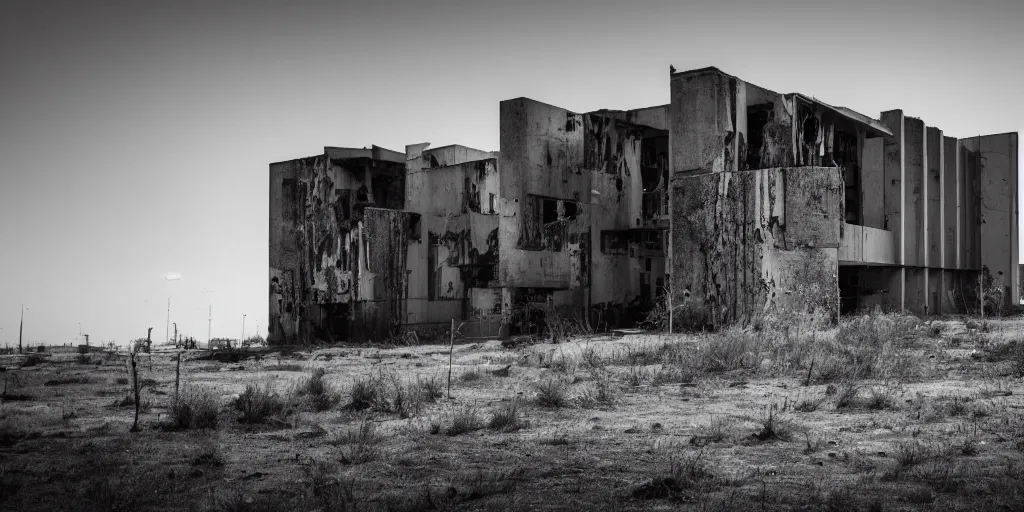 Prompt: black and white photograph of an abandoned city, brutalist architecture, high quality camera photography