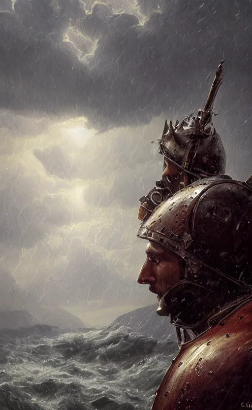 Image similar to knight, norway fjord, extreme close up portrait, hudson river school, max rive, armor made of water, studio lighting, stormy seas, beautiful, bokeh, snowy, storm clouds, god rays, extreme close up portrait, d & d, fantasy, elegant, low key color palette, concept art, roger deakins and greg rutkowski and alphonse mucha