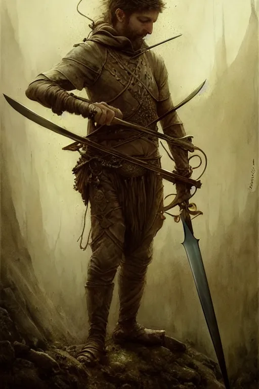 Image similar to arthur and the excalibur sword | esoteric symbolism | jean - baptiste monge, esao andrews, bastien lecouffe - deharme, tim jacobus, ken currie | ultra - detailed realism, soft cinematic lighting, hi - fructose, artstation, high - quality, ink watercolors wes anderson poster art