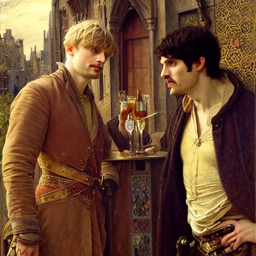 Prompt: bradley james as arthur pendragon and colin morgan as merlin go to a pub together to have some drinks. highly detailed painting by gaston bussiere, alphonse mucha, greg rutkowski, 8 k