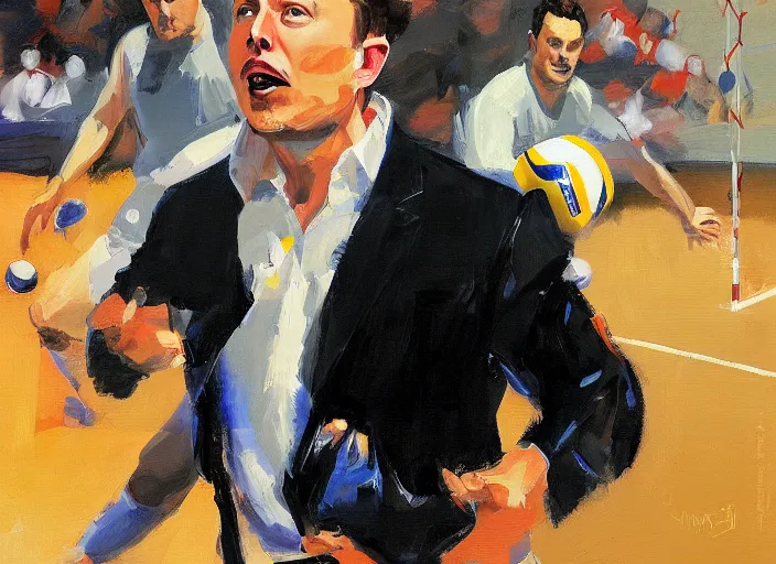 Image similar to a highly detailed beautiful portrait of elon musk playing voleyball, by gregory manchess, james gurney, james jean