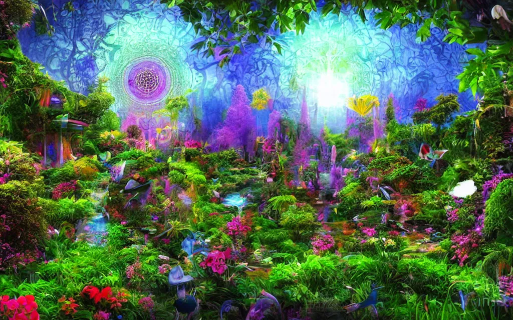 Image similar to techno - spiritual utopian garden, perfect future, award winning digital art