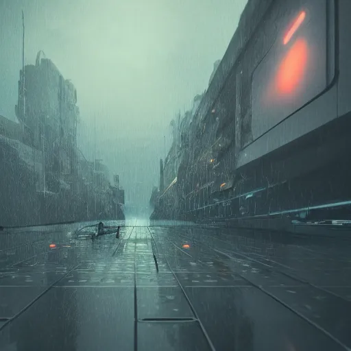 Image similar to rain, cyberpunk spaceship flying, dense fog, bloom, contrasted lighting, ultra detailed, depth of field, trending on artstation