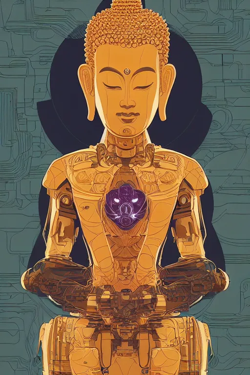 Image similar to a study of cell shaded Vector illustration of a cyborg robot buddha inside of a lotus flower , golden ratio, screen print poster, character concept art by character concept art by josan gonzalez, james jean, Mike Mignola, Laurie Greasley, highly detailed, sharp focus, sharp linework, clean strokes, motherboard, Artstation, deviantart, artgem