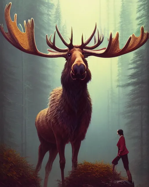 Image similar to highly detailed surreal vfx portrait of a sacred moose, stephen bliss, unreal engine, greg rutkowski, loish, rhads, beeple, makoto shinkai and lois van baarle, ilya kuvshinov, rossdraws, tom bagshaw, alphonse mucha, global illumination, detailed and intricate environment