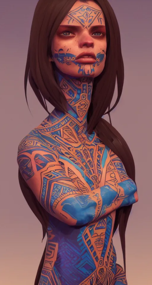 Image similar to a blue skinned woman with glowing aztec tattoos down her arms, long coffee brown hair, sci - fi dress with sleak accents, slender waist, by wlop, ilya kuvshinov, krenz cushart, greg rutkowski, pixiv. zbrush sculpt, octane, maya,