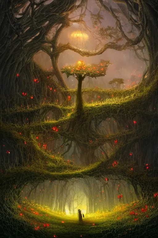 Image similar to a beautiful digital landscape painting of a detailed gothic fantasy fireflies and roots, dark mushroom, flowers by benoit b. mandelbrot, steven belledin, martin johnson heade, lee madgwick, caspar david friedrich, and david rios ferreira. 8 k resolution trending on artstation concept art digital illustration