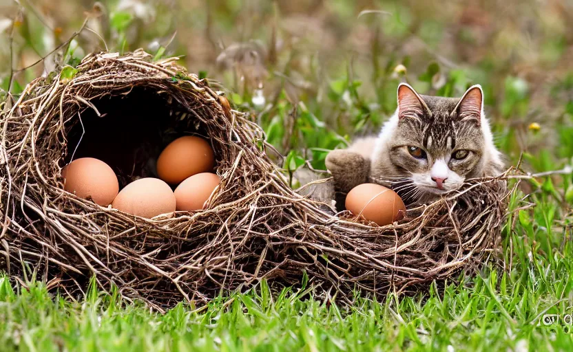 Image similar to cat guarding it's eggs. big nest. wild, nature photography, david attenborough, strange, photograph, photorealistic