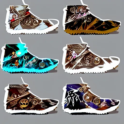 Image similar to fantasy anime jrpg sneaker design designed by studio ghibli, chrono trigger guilty gear style, aztec mayan street fashion native punk sneaker design, hip hop sneaker design with subtle mayan patterns, gapmoe yandere grimdark, trending on pixiv fanbox, painted by greg rutkowski makoto shinkai takashi takeuchi studio ghibli, akihiko yoshida