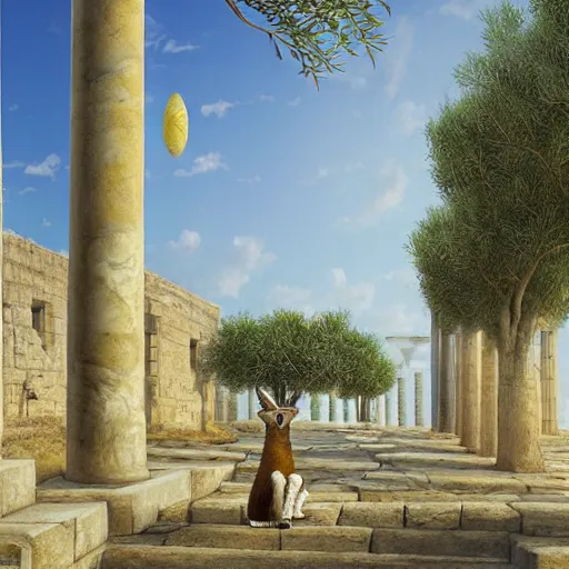 Prompt: cute fluffy caracal in ancient greek town, marble columns, olive trees, sunny, a beautiful landscape by gediminas pranckevicius