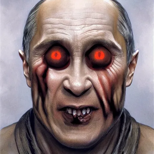 Image similar to vladimir putin, putin is bald caveman, vladimir putin awe face, toothless, saw teeth, reptile scary eyes, peeling skin, horror macabre face, clown nose, by donato giancola and greg rutkowski and wayne barlow and zdzisław beksinski, realistic face, digital art