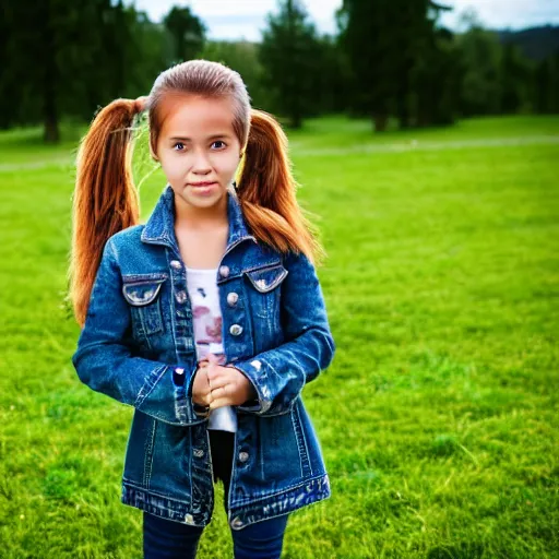 Prompt: a young girl plays on a great green meadow, she wears a jacket, jeans and boots, she has ponytails, photo taken by a nikon, highly detailed, sharp focus