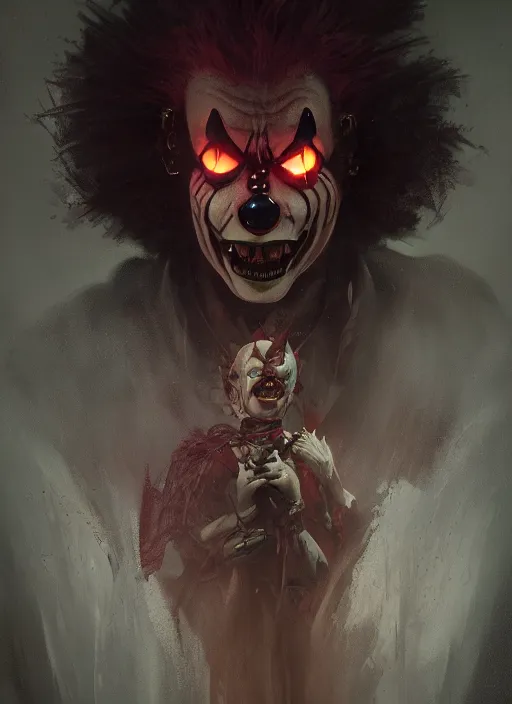 Image similar to a photorealistic dramatic hyperrealistic render of an eerie spawn comic supervillain character the evil clown violator by wlop, greg rutkowski, alphonse mucha, beautiful dynamic dramatic dark moody lighting, shadows, cinematic atmosphere, artstation, concept design art, octane render, 8 k