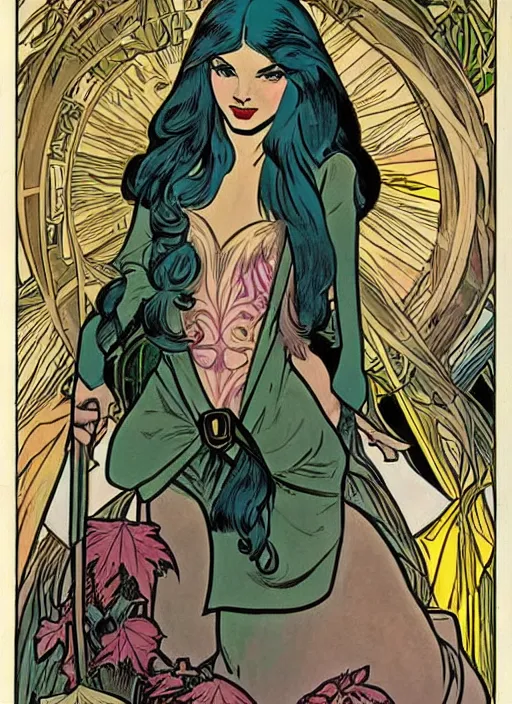 Image similar to a beautiful young woman. she is a woodland elf. well composed, clean elegant painting, beautiful detailed face. retro comic book art by steve ditko and jack kirby and ( alphonse mucha )