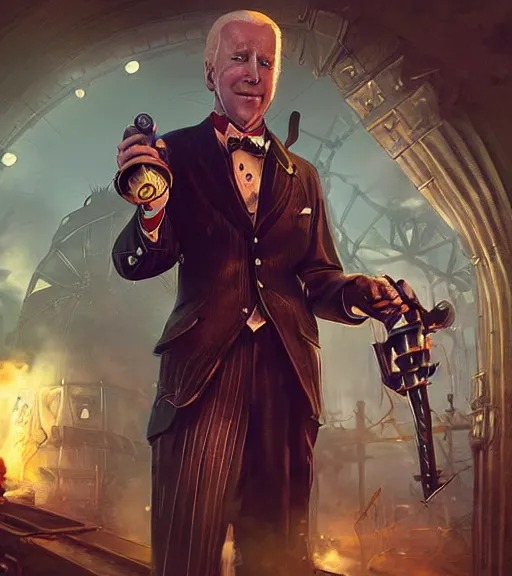 Prompt: joe biden cosplaying bioshock, by artgerm, by greg rutkowski, bioshock screenshot, steampunk, patriot