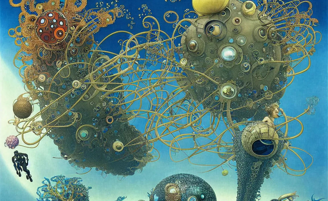 Prompt: afro - futurist scuba divers swimming away from a gigantic alien fish, hyperrealistic digital painting by denis villeneuve, amano, yves tanguy, alphonse mucha, ernst haeckel, max ernst, roger dean