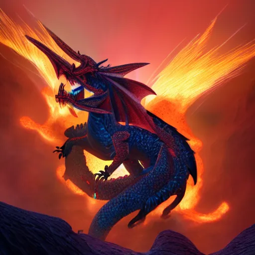 Image similar to a dragon made of crystal flying over lava, photorealistic image, ultra HD, trending on artstation, award winning illustration, 35mm lens