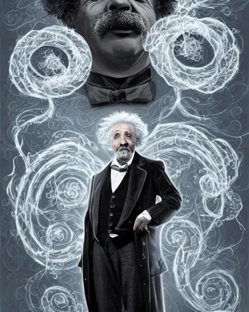 Prompt: a highly detailed portrait of Einstein as a devious male magician radiating a powerful energy aura, ornate back tuxedo, wispy tendrils of smoke, swirling vortex of energy, performance art, intricate, digital painting, old english, raining, sepia, particles floating, whimsical background by marc simonetti, art by artgerm and greg rutkowski and alphonse mucha