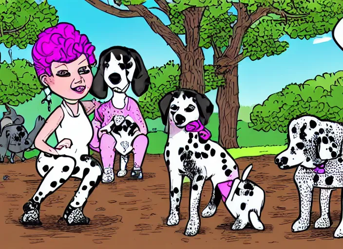 Image similar to punk girl and duchess with a dalmatian piglet in a park. comic style