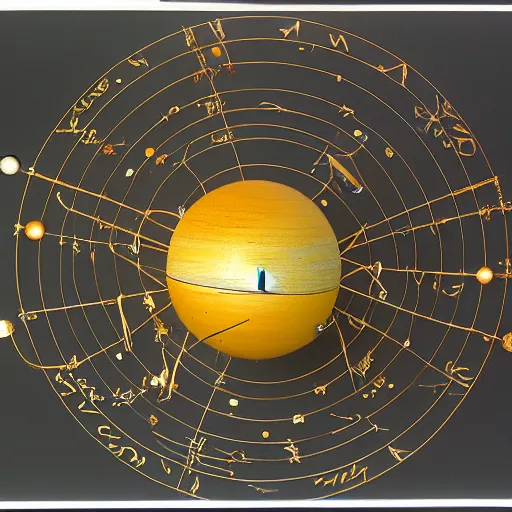 Image similar to a kinetic sculpture of this solar system, sun, orrery, canon 5 d 5 0 mm lens, papier - mache, studio, 1 9 8 7