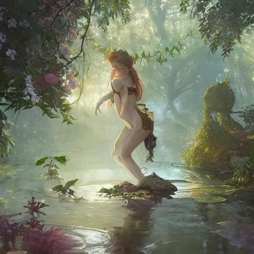 Image similar to an enchanted forest pool, highly detailed, digital painting, artstation, concept art, sharp focus, illustration, art by artgerm and greg rutkowski and alphonse mucha