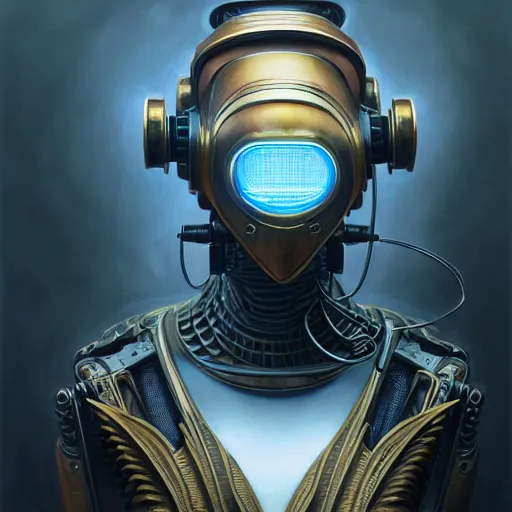 Prompt: front low angle shot of a cyberpunk gazmask robot character, intricate, elegant, highly detailed, centered, digital painting, artstation, concept art, smooth, sharp focus, illustration, artgerm, Tomasz Alen Kopera, Peter Mohrbacher, donato giancola, Joseph Christian Leyendecker, WLOP, Boris Vallejo