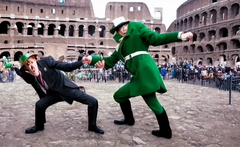 Image similar to inspector gadget fighting a leprechaun at the colosseum, with thousands of spectators