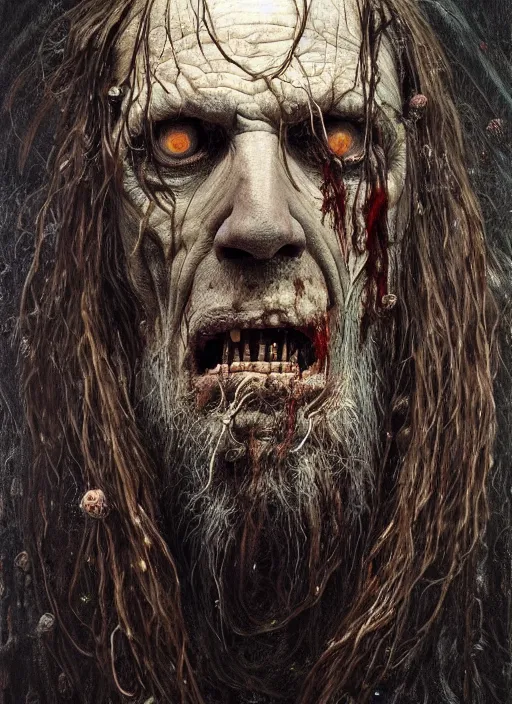 Image similar to portrait of a 6 0 year old giant man zombie with long tattered tangles of thinning black hair, eerie glowing eyes, wall hanging trophy taxidermy, hyper realistic head, fantasy art, in the style of greg rutkowski, zdizslaw beksinski, intricate, alphonse mucha, hyper detailed, smooth