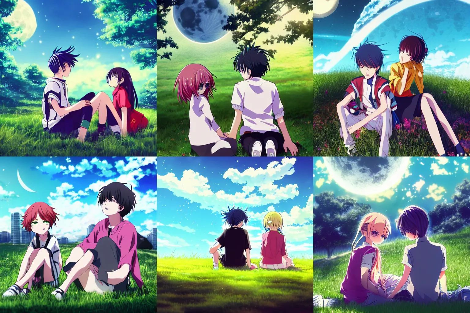 Prompt: an anime key visual of a boy and a girl sitting together on a grassy hill in front of large black and white cybercity, boy and girl are vibrantly colored, behind the subject shot, trending on artstation, wide shot, melancholy, stunning, digital art, large moon