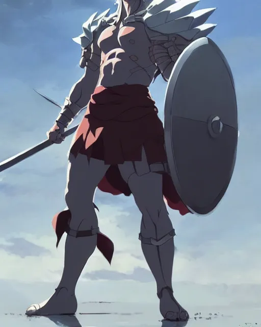 Prompt: powerful muscular warrior with a greatsword, fully clad in plate armor and wearing a cape, dramatic action pose, square masculine jaw, short messy hair, trending on pixiv fanbox, by greg rutkowski makoto shinkai takashi takeuchi studio ghibli, akihiko yoshida