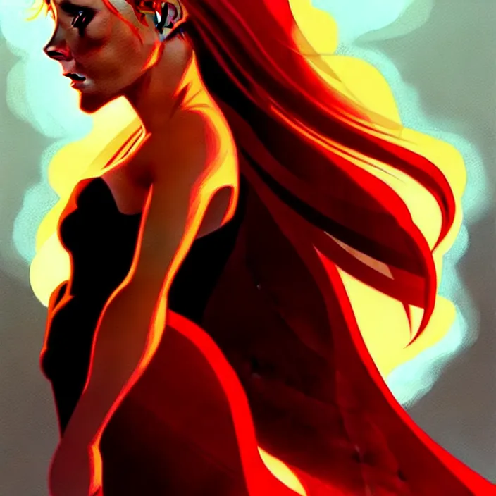 Image similar to style artgerm, joshua middleton, beautiful kristen bell with dark red dress, very long orange hair, symmetrical face, symmetrical eyes, fire powers fire swirling, detailed, volcano setting, cinematic lighting