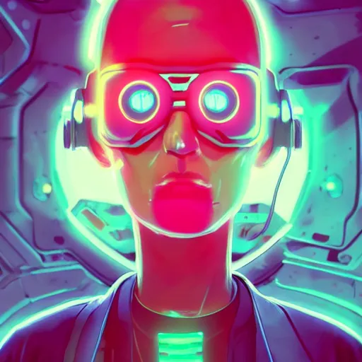 Image similar to cyberpunk rick and morty bot, cinema 4 d, galaxy space sci - fi, wearing vr goggles, illustration, portrait, pastel neon textured background night, trending on artstation, greg rutkowski, octane rendered, 1 2 k, detailed,