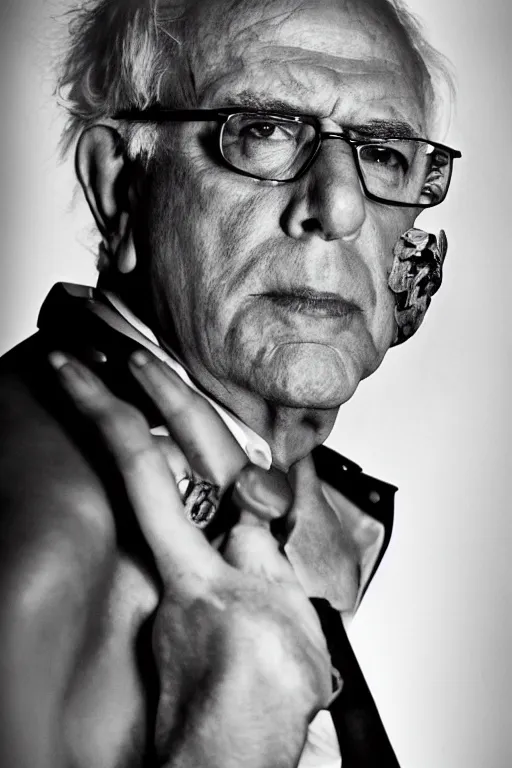 Prompt: a fashion photo portrait of Senator Bernie Sanders, fetish, leather, pvc, medium shot. In the style of Helmut newton, robert maplethorpe, Stefano Brunesci, Lachlan Bailey, Herb Ritts, Ellen Von Unwerth, Haris Nukem, Sardax, Annie Leibovitz. detailed photo, hd, 4k, trending on artstation, b&w, 35mm, f1.8