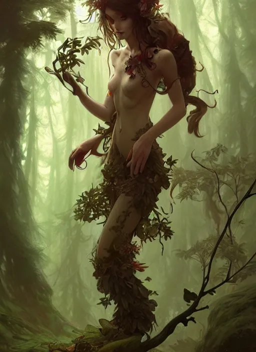 Image similar to a cute forest elemental, with fingers, fantasy, intricate, elegant, highly detailed, digital painting, artstation, concept art, wallpaper, smooth, sharp focus, illustration, art by artgerm and greg rutkowski and alphonse mucha