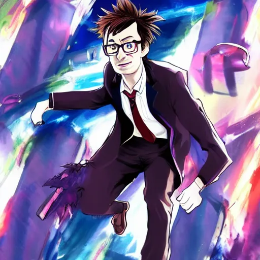 Image similar to the Tenth Doctor running towards the camera in the style of Boko No Hero Academia