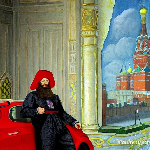 Prompt: Ivan the Terrible in his palace in Moscow with new car Tesla 3, oil painting style,