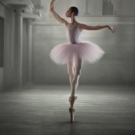 Image similar to full body pose, hyperrealistic photograph of stunning ballerina, dim volumetric lighting, 8 k, octane beautifully detailed render, extremely hyper detailed, intricate, epic composition, cinematic lighting, masterpiece, trending on artstation, very very detailed, stunning, hdr, smooth, sharp focus, high resolution, award, winning photo, dslr, 5 0 mm
