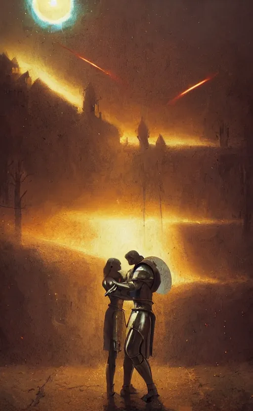 Prompt: digital painting of two medieval knights hugging each other in dispair while the universe is exploding, in a medieval village, stunning, surreal, cinematic lighting, concept art by greg rutkowski and simon stalenhag