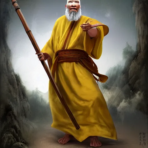 Prompt: a chinese battle monk, wearing a faded yellow toga, a straw hat, holding a wooden long staff that is perpendicular to the floor, long white beard, digital art, full body shot, drawn in the style of dungeons and dragons