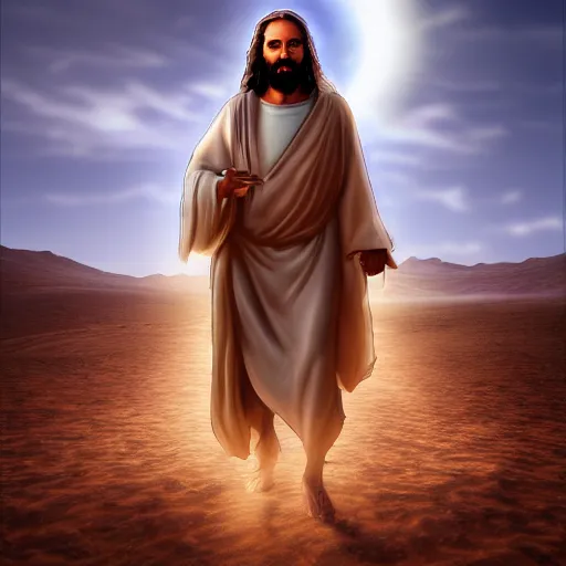 Image similar to an Artstation 3d render of Very very very very highly detailed beautiful mystic photo of jesus in the desert, intricate, extremely detailed, digital painting, artstation, concept art, smooth, sharp focus, illustration, intimidating lighting, incredible art,