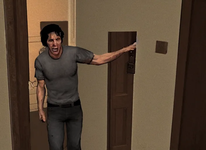 Image similar to todd howard screaming breaking down door, horror, intense