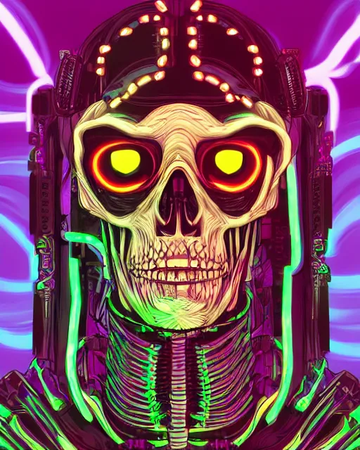 Prompt: portrait of a cyberpunk skeleton, glowy eyes, hyper detailed vaporwave style digital arts