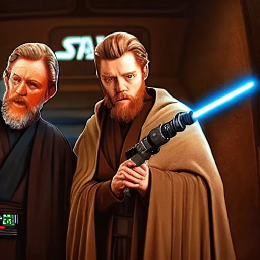 Image similar to star wars palpatine and obi wan drin beer in a sci - fi bar, movie still, screenshot, photorealistic painting, fanart, highly detailed