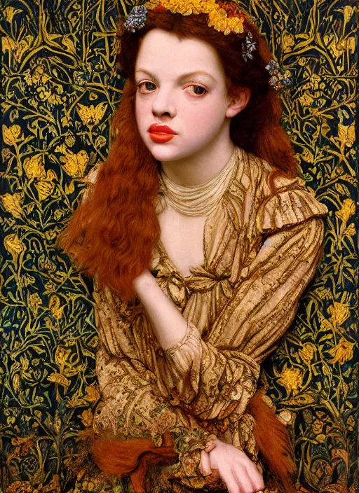 Prompt: masterpiece of intricately detailed preraphaelite photography portrait face hybrid of judy garland and shelley duvall, sat down in train aile, inside a beautiful underwater train to atlantis, betty page fringe, medieval dress yellow ochre, by william morris ford madox brown william powell frith frederic leighton john william waterhouse hildebrandt