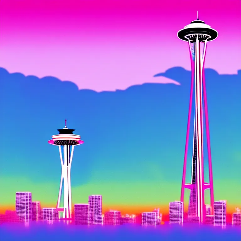 Prompt: a beautiful and balanced vaporwave scene depicting outrun and the space needle