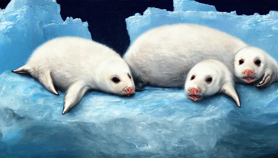 Image similar to highly detailed painting of cute furry white baby seal piglets cuddling into each other on a blue and white iceberg by william turner, by greg rutkowski, by william constable, thick brush strokes and visible paint layers, 4 k resolution